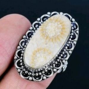 Fossil Coral Gemstone 925 Sterling Silver Handmade Ring